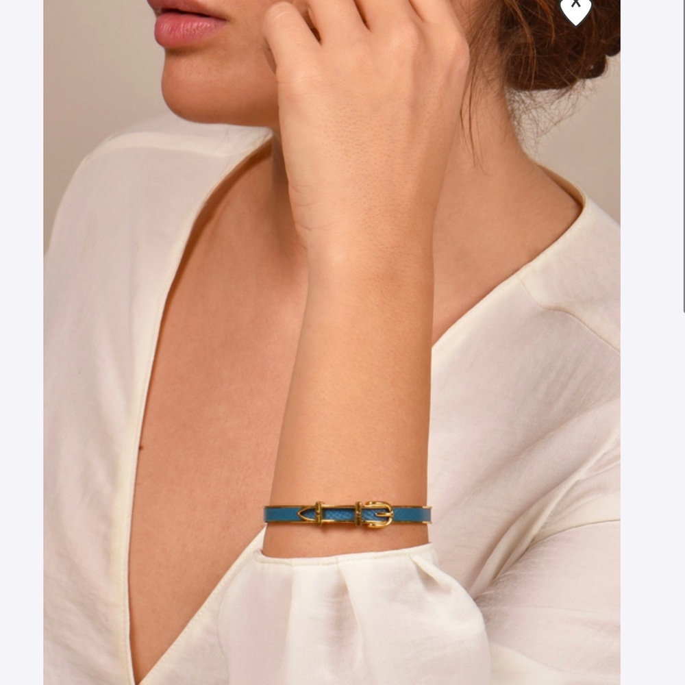 Narrow Blue Belt Motif Bracelet, HERMES slim gold "belt buckle" bangle bracelet
